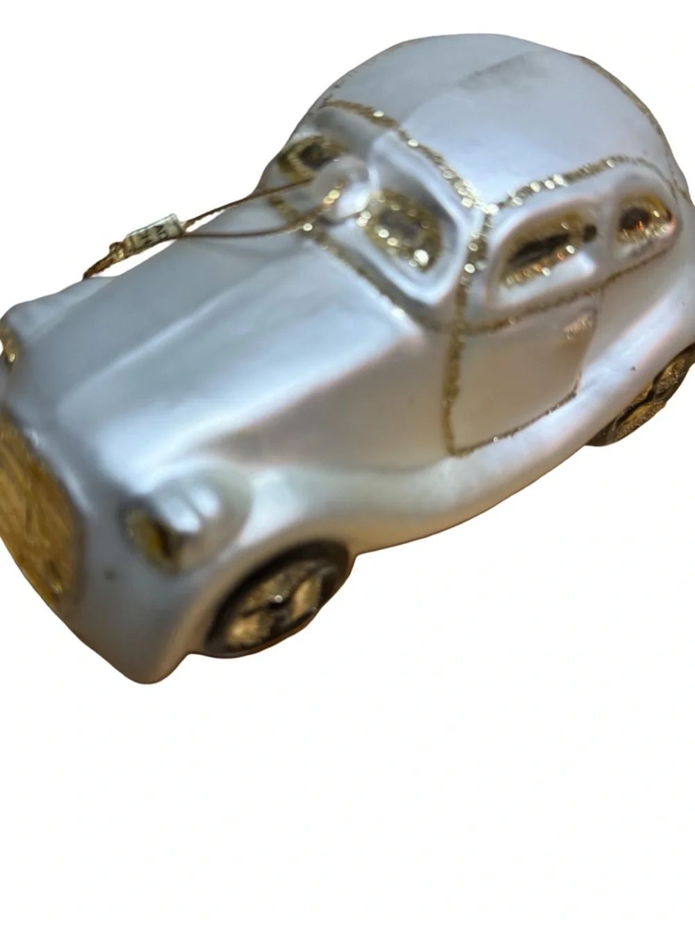 Pearlescent White Vintage Car Ornament with Gold Accents
